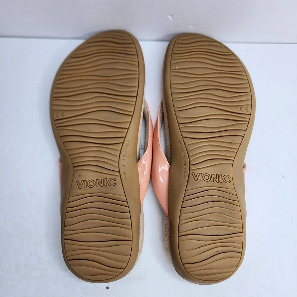 Vionic Bella Sandals Women 9.5 Wide Peach Patent Bow Thong Flip Flop Arch Suppor
